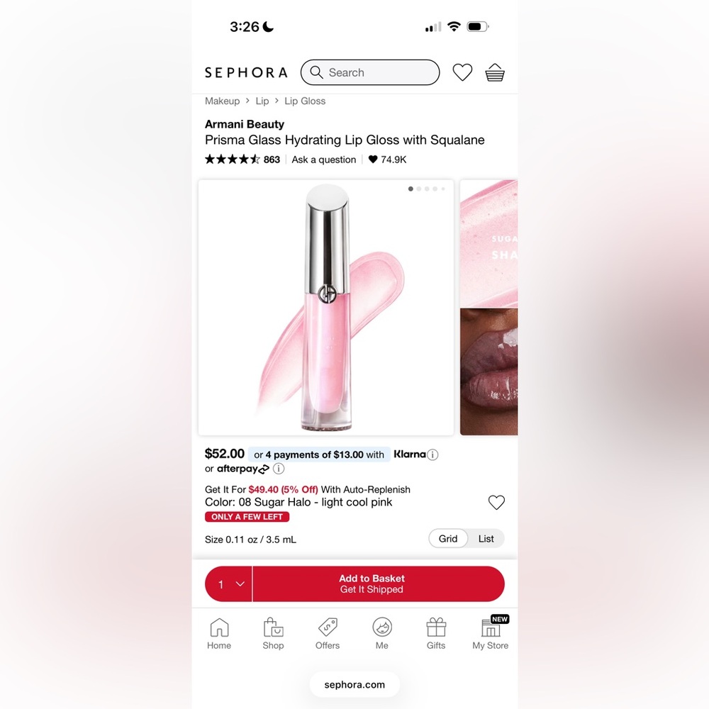 Giorgio Armani Prisma Glass Hydrating Lip Gloss with Squalane in Sugar Halo Pink